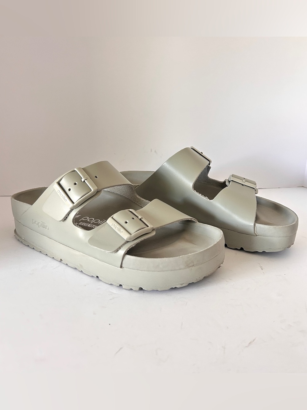 Birkenstock Papillio Sandals Leather Arizona Flex Platform Mineral Gray Size 40